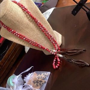 Red plunder and leather beaded necklace